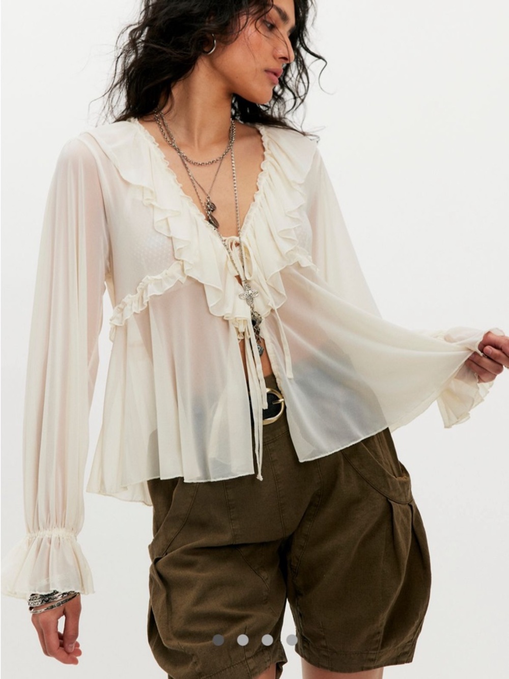 Free People Cream Sheer Ruffle Tie-Front Blouse
